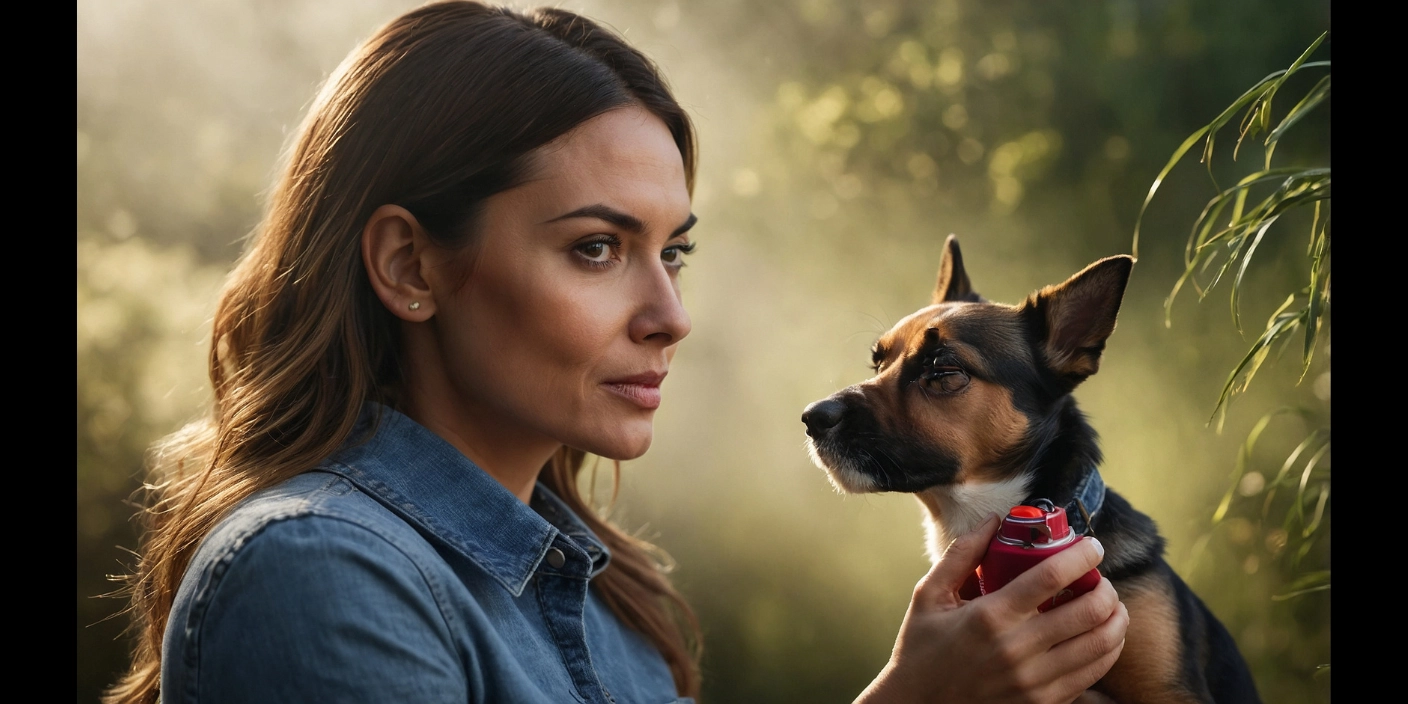 woman and a dog with a deodorizer spray for dogs